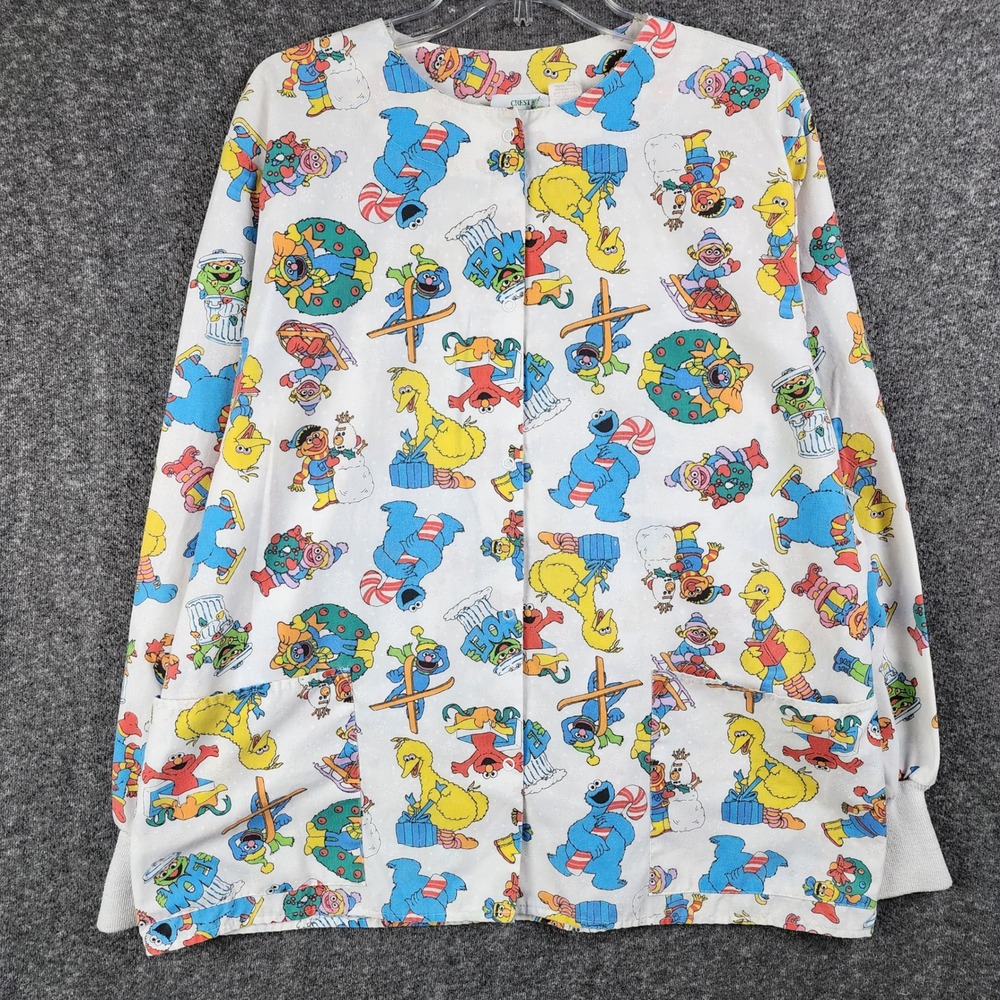 Sesame Street Scrub Top Womens L 732 White Christmas Vintage 90s Crest EUC